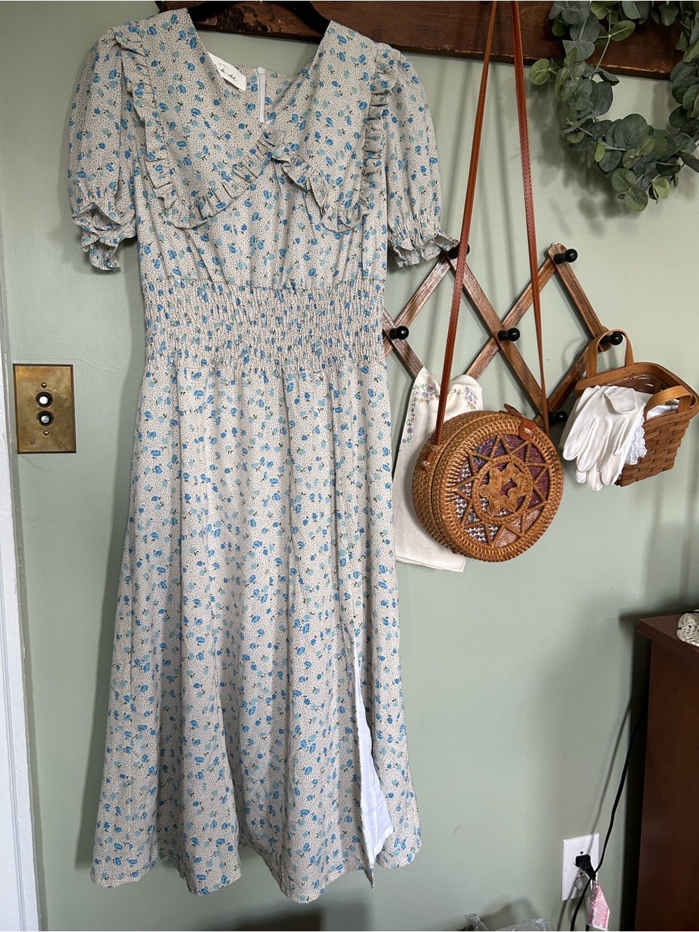 Ditsy Blue Floral Smocked Midi Dress with Ruffle Collar